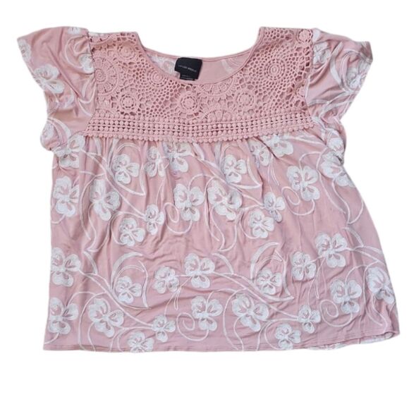 Liv Los Angeles Powder Pink Crochet Lace Embroidered Blouse Sz 1X Boho Flowy - Picture 8 of 15